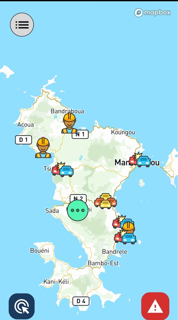 La carte Tsikay : signalements en cours sur les routes de Mayotte — travaux, accidents, bouchons